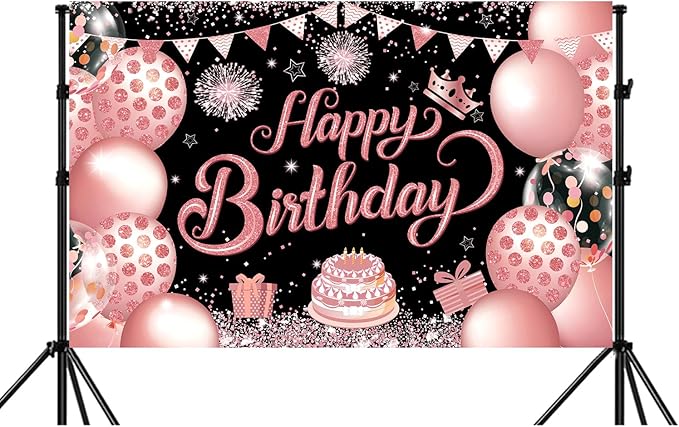 YinQin 180x120 cm Black Rose Golden Happy Birthday Party Photography Backdrops Cloth 71x47 inch Rose Gold Photo Backgrounds Glitter Pink Gold Happy Birthday Sign Banner Decorations for Women Girl
