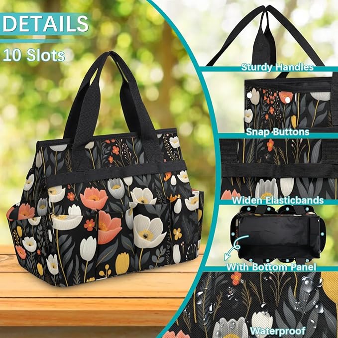 Garden Tool Bag Organizer Garden Tote Bag with Pockets Flower Small Patterned Tool Storage Organizer Gardening Tool Kit Holder 13" x 6.8" x 2.8"