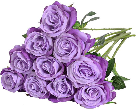 Nubry Artificial Silk Rose Flower Bouquet Lifelike Fake Rose for Wedding Home Party Decoration Event Gift 10pcs (Light Purple)