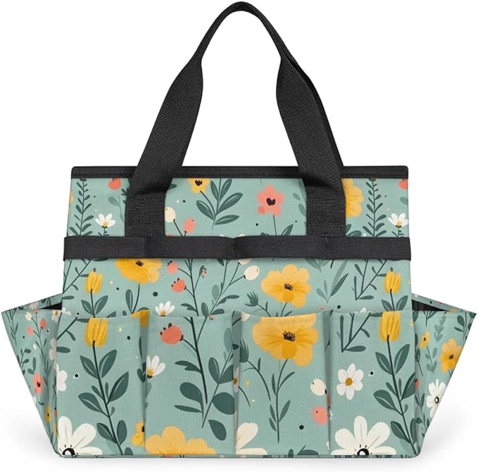 Garden Tool Bag Organizer Garden Tote Bag with Pockets Floral Patterned Flower Tool Storage Organizer Gardening Tool Kit Holder 13" x 6.8" x 2.8"