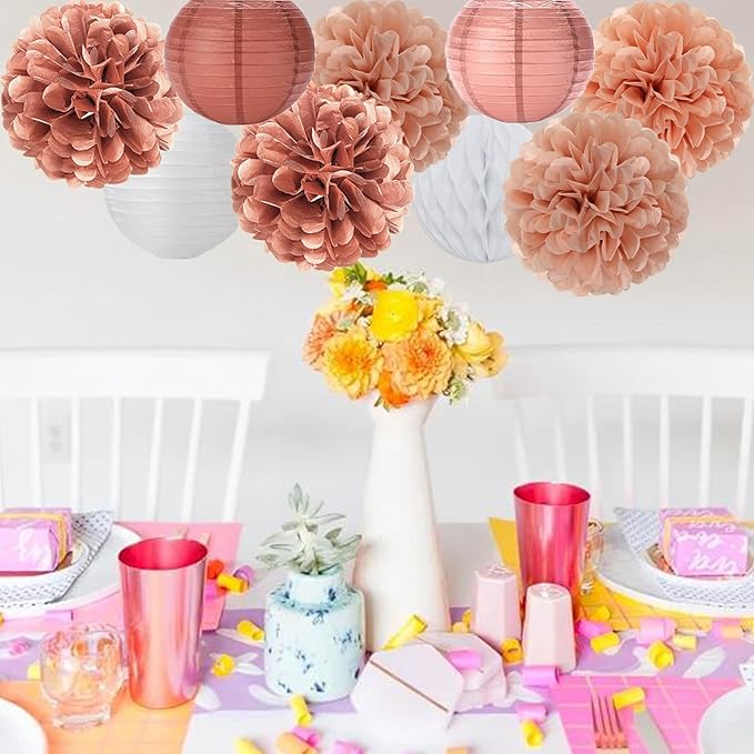 Rose Gold Paper Flowers Tissue Pom Poms Honeycomb Lanterns 15pcs Party Decorations Galentines Birthday Wedding Baby Shower Mothers Day Hanging Supplies Mprocherify