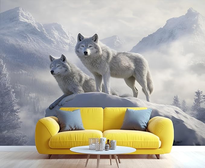 Arctic Wolves Wall Mural, Snow Wolves in Mountain 3D Wall Murals, Winter Wild Animal Wallpaper Mural, for Living Room Bedroom Large Wallpaper Indoor Decor 197" W x124.8 H