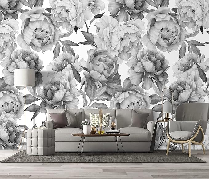 Grey Peony Floral Wallpaper Bedroom Black and White Botanical Flowers Leaf murals Aesthetic Room Decor Living Room tv Background Large Wall Mural - 160"x108" Not Peel and Stick