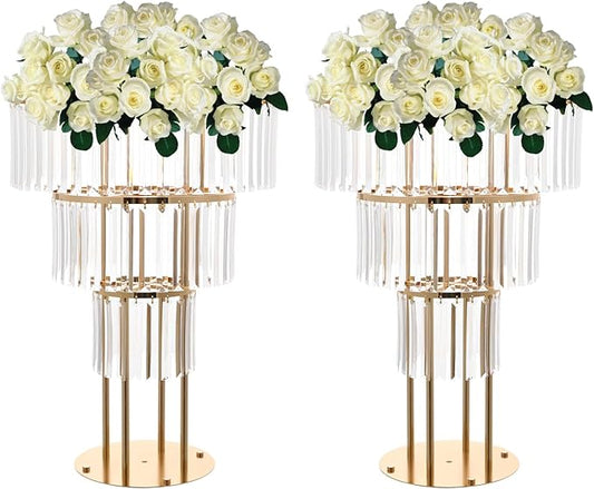 2PCS 3 Tiers Wedding Centerpieces Vase, 28.34” Tall Crystal Wedding Flower Stand, Round Chandelier Pedestal Stand for Wedding Road Lead T Stage Arrangement Decoration