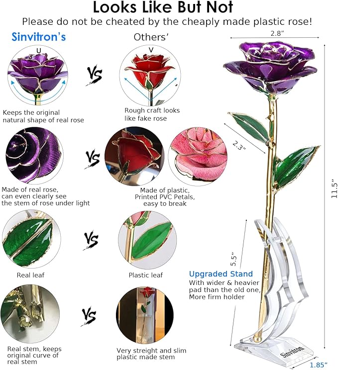 Sinvitron Gold Dipped Infinity Rose Forever Flower Decor, Resin Preserved Real Rose Birthday Gift for Women, Anniversary Present for Mom (Purple)