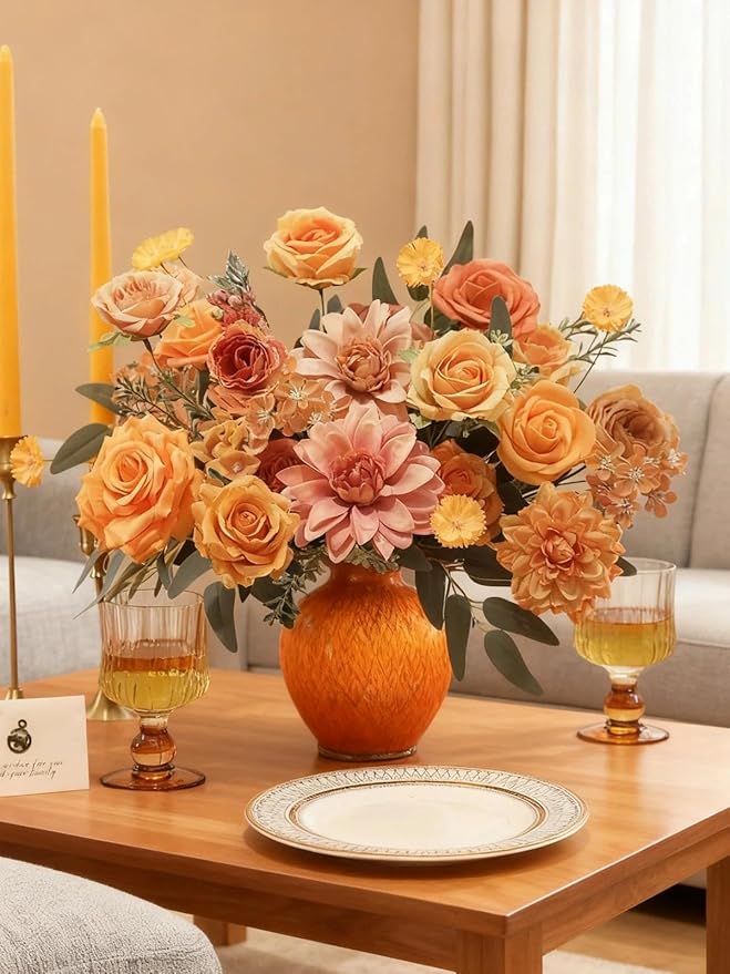 Artificial Flowers Combo Box Orange Fake Roses Silk Flowers with Stems Dahlia for DIY Cake Wedding Bridal Bouquets,Floral Arrangement,Table Centerpieces,Baby Shower,Home Party Decorations