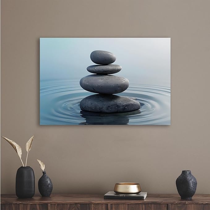 Zen wall art Harmonious grey stones stacked on a calm surface of water Serene Zen decor suitable for tranquil homes and spaces of meditation 20x30in Wood Framed