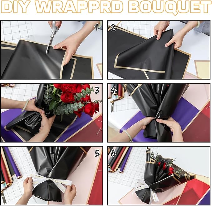 YOUlDIANZI Bouquet Wrapping Paper Kits, 20 Sheets Waterproof Flower Wrapping Paper, 100 Pearl Pins, 72.18 Ft Pink Ribbon, 1 Storage Box for Pins