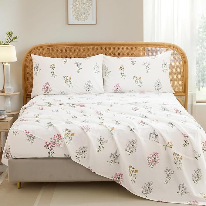 100% Cotton Sheet Set King Size – 4-Piece Chic Garden Floral White Bedding Set, Soft Breathable Percale Weave, Deep Pocket Fitted Sheet 17.5", Crisp Cool Feel, Refined Botanical Elegance