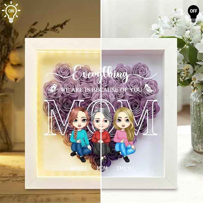 Personalized Mom Flower Shadow Box with LED Light Custom Heart Shaped Rose Flower Shadow Box Frame I Love You More Than All The Stars in The Sky Mother's Day Portrait Shadowbox Memory Gifts for Mom
