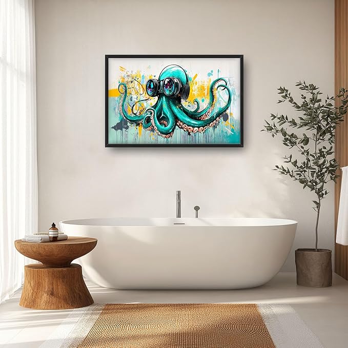 Ocean Octopus Large Wall Art Nautical Pictures Wall Decor Green Canvas Octopus Print Painting Modern Artwork Home Decoration for Living Room Bathroom Bedroom Office Framed 36"x24"