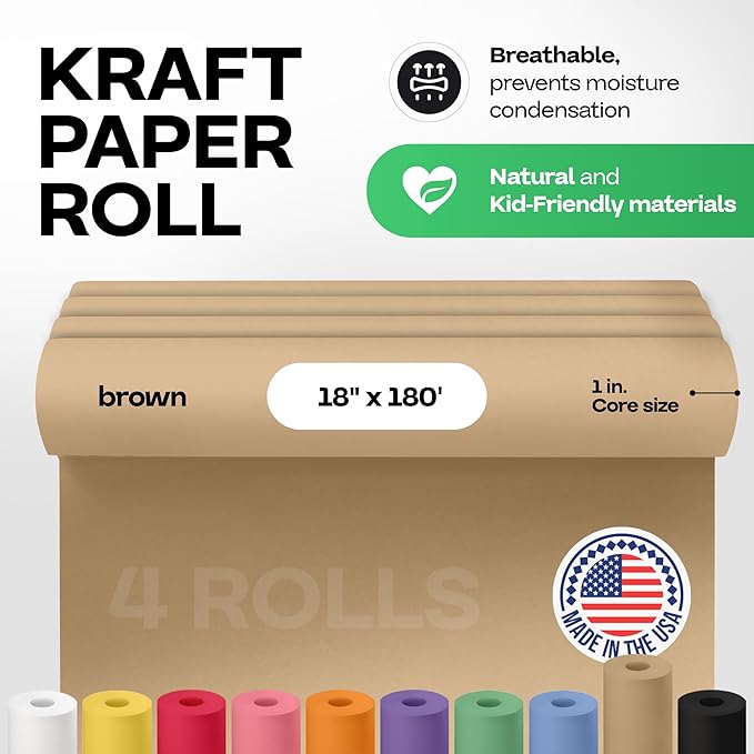 Brown Kraft Paper Roll 18" x 2160" (180 feet), Pack of 4 - USA-Made Brown Paper 30lb Thickness for Packing, Moving, Shipping, Crafts/Arts - 100% Recycled Natural Wrapping Material by IDL Packaging