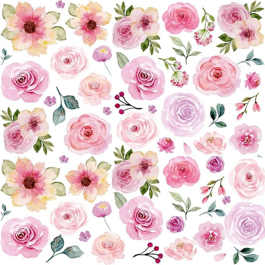 Floral Wall Decals Peel and Stick | 60PCS Watercolor Peony Flower & Leaves Stickers | Removable Vinyl Wall Art for Girls Bedroom, Nursery, Living Room | Pastel Home Decor