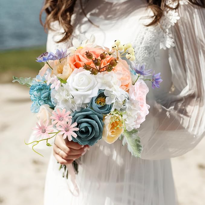 Artificial Flowers Combo for DIY Wedding Bouquets Combo Centerpieces Arrangements Party Bridal Baby Shower Home Decorations-Blue&White