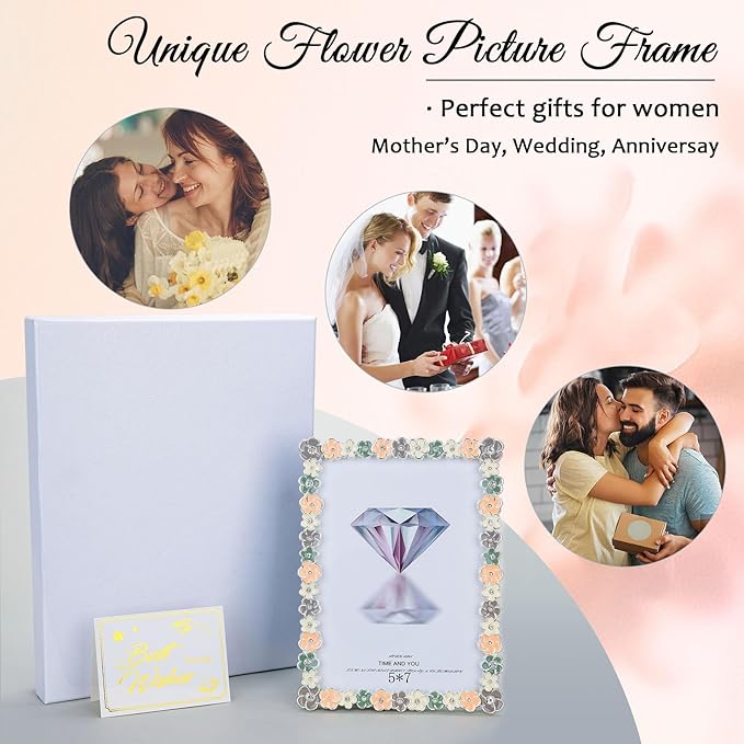 4x6 Colorful Flower Picture Frame Pretty Metal Photo Frame Tabletop or Wall Art Decoration, Clear Glass Front, Unique Gifts for Women Wedding Mothers Day, Horizontally & Vertically