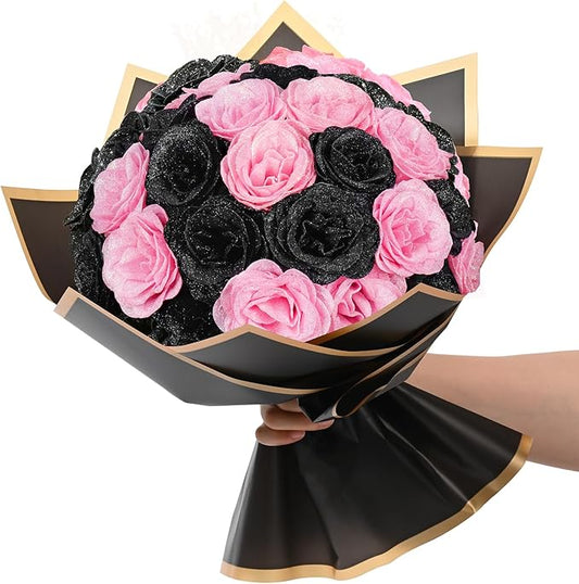 Waipfaru Glitter Roses Bouquet, DIY Black & Pink Halloween Flowers Bouquet, Artificial Fake Rose Bouquet for Halloween, Wedding, Anniversary, Engagement, 24 Rose