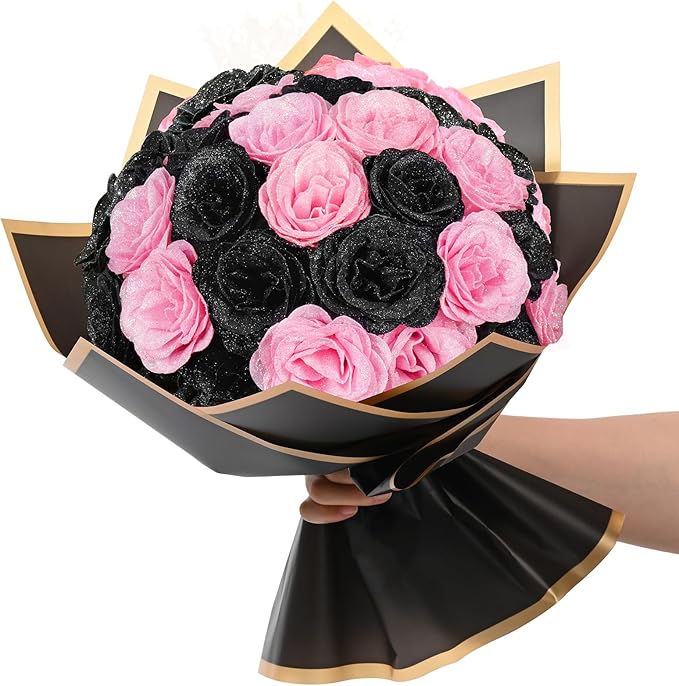 Waipfaru Glitter Roses Bouquet, DIY Black & Pink Halloween Flowers Bouquet, Artificial Fake Rose for Halloween, Wedding, Anniversary, Engagement, 36 Pcs