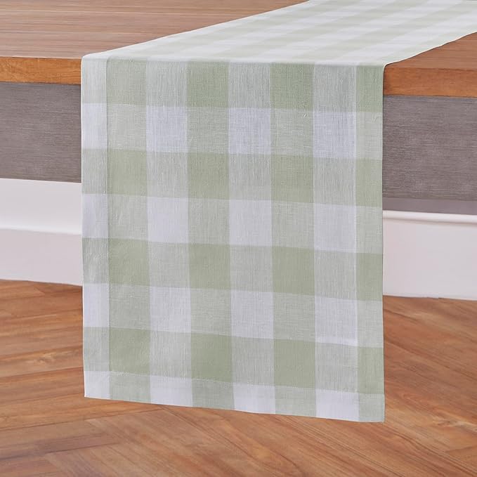 Solino Home Linen Checkered Table Runners 90 Inches Long - 100% Pure Linen Buffalo Check Sage and White Table Runner 14 x 90 Inch Ideal for Dining, Winter, Spring, St Patricks Day, Easter