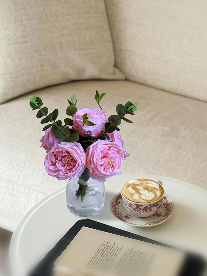 Forlaoers Real Touch Pink Floral Rose Fake Flower Bouquet in Fake Water Silk Flower Arrangements Artificial Flowers with Vase Centerpieces for Center Table Decor Dining Room House Kitchen Decorations