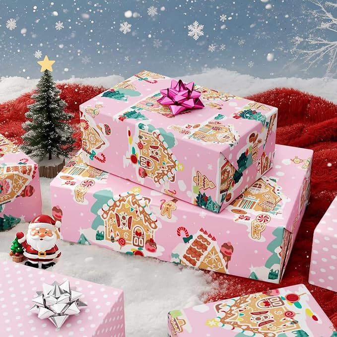WERNNSAI Christmas Wrapping Paper - 1 Roll 17”x 33 ft Gingerbread House Wrapping Paper Roll Reversible Christmas Tree Gift Wraps for Kids Girls Xmas Winter Holiday Party Pink Polka Dot Design
