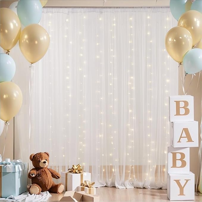 30x8ft White Tulle Backdrop Curtain with Lights String for Parites, Sheer Backdrop Curtains for Wedding Baby Shower Birthday Party Photo Shoot Decorations
