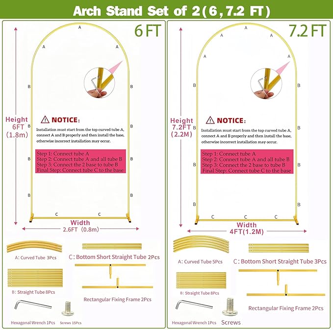 Metal Arch Backdrop Stand 7.2FT+6FT Wedding Arch Backdrop Stand Set of 2 Gold Arch Backdrop Stand for Party Wedding Ceremony Baby Shower Birthday Floral Balloon Decration