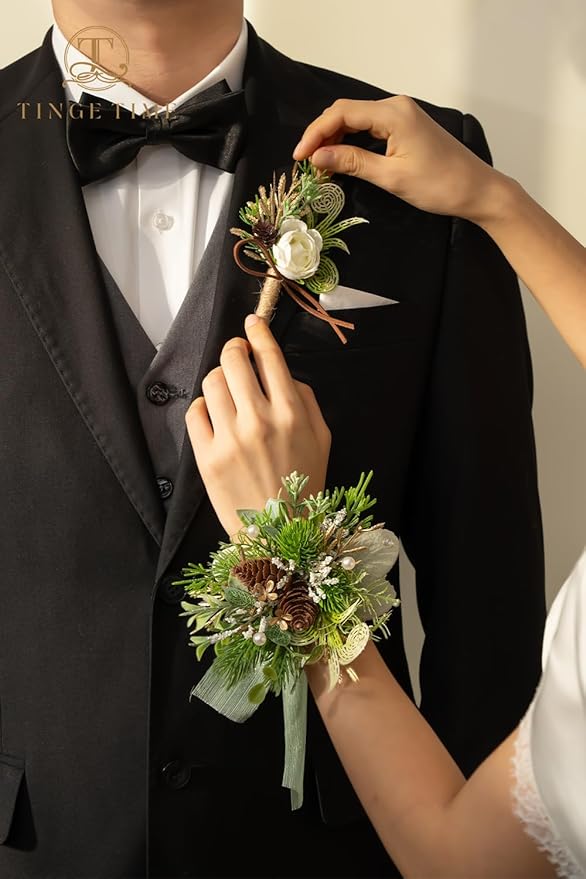TINGE TIME Corsage and Boutonniere Set, Prom Flower Wrist Corsage Wristlet, Boutonniere for Men Wedding Flowers Accessories Prom Suit Decorations (White Ivory Greenery)