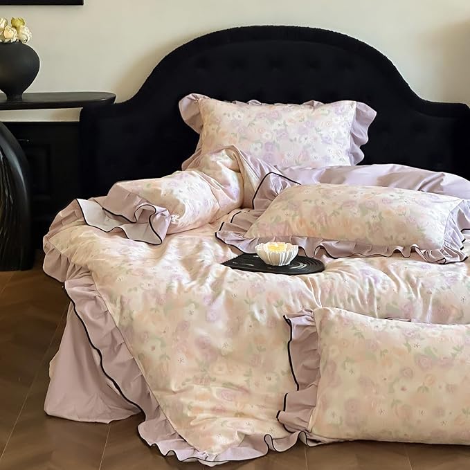 HighBuy Purple Floral Duvet Cover Twin XL Brushed Cotton,Ruffle Design 3 Piece Natural Cotton Soft Bedding Comforter Cover Set for Teen College Vintage Coquette Bedding Breathable