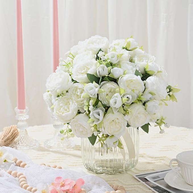 MARTINE MALL 4 Packs Peonies Artificial Flowers, White Artificial Peonies, Silk Peonies Flowers Fake Peonies Artificial Flowers Peonies Bouquet for Centerpiece Table Wedding Party Home Decor