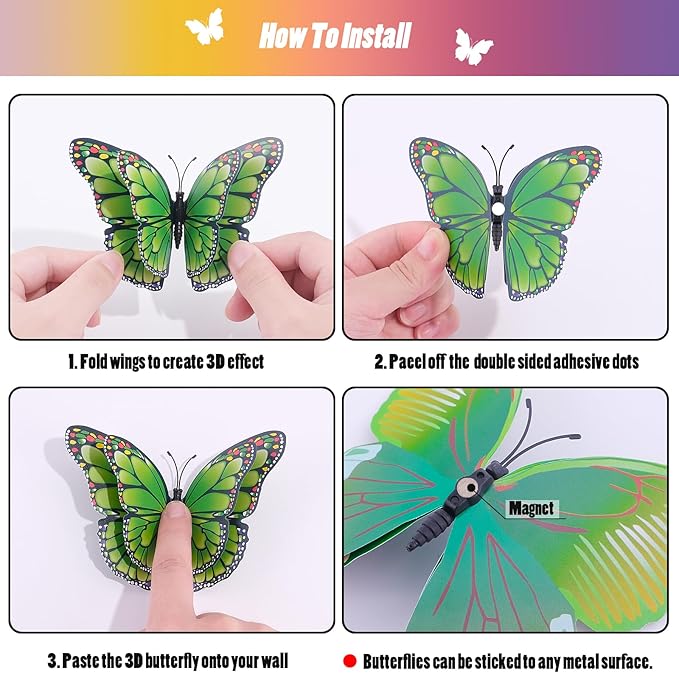 SAOROPEB 3D Butterfly Wall Decor, 48 Pcs Double Layer Butterfly Decorations for Party Decorations Locker Decor Refrigerator Decal, Reusable (Green)
