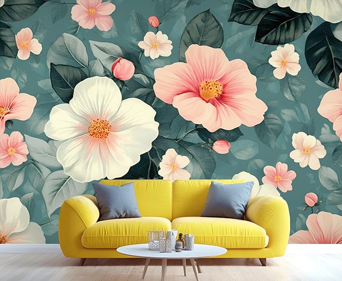Vintage Hibiscus Flower Wall Mural, Romantic Floral 3D Wall Murals, Botanical Bloom Design Wallpaper Mural, for Living Room Bedroom Large Wallpaper Indoor Decor 118" W x 82.6 "H