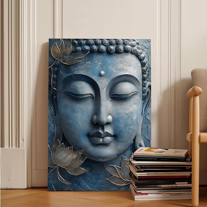 Canvas wall art Golden lotus crown Serene Buddha poster Ethereal blue toned art with delicate floral decor Zen wall art for a tranquil meditation space 28x40in Frameless