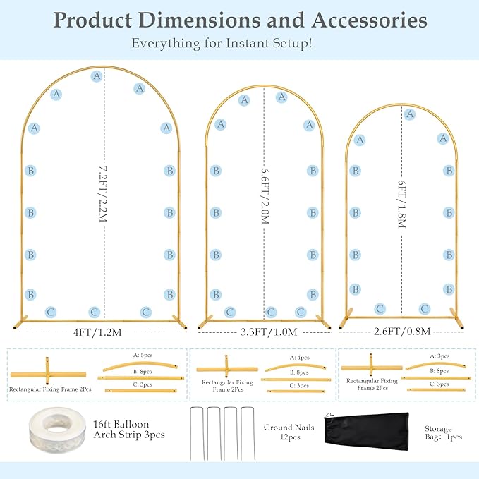 Antizz Arch Backdrop Stand,7.2FT, 6.6FT, 6FT Set of 3 Metal Gold Balloon Arch Stand Kit Wedding Arch Stand for Baby Shower Birthday Party Event Decoration Garden Floral Balloon Arch with Base