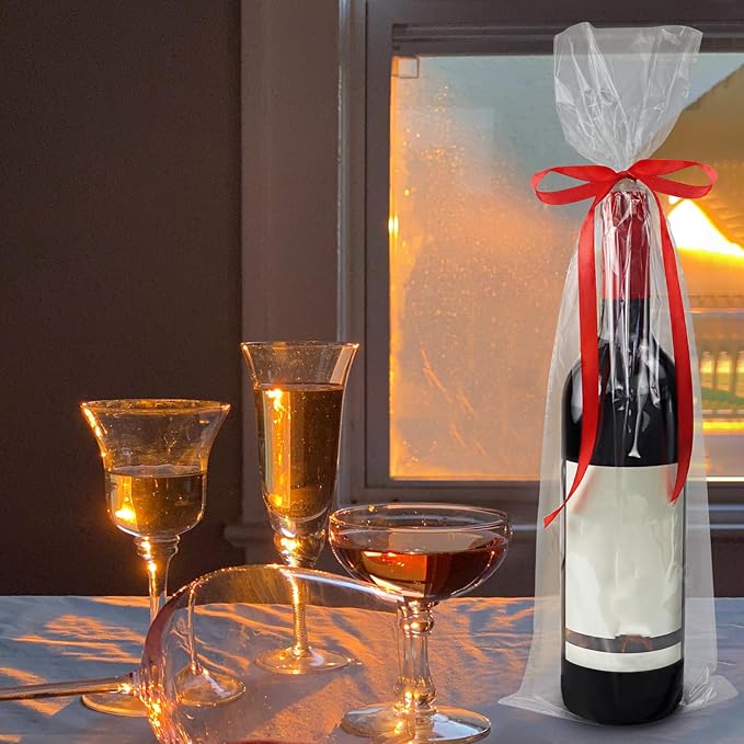 Morepack Cellophane Bags for Wine Bottles,6x18 Inches 50Pcs Clear Wine Gift Cello Bags With Twist Ties (Flat, No Gusset)