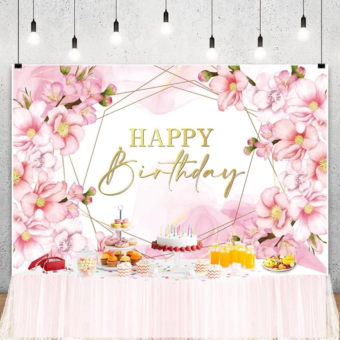 ChloropLastid 6x4ft Floral Happy Birthday Backdrop for Girls Pink Blooming Floral Party Decorations Photography Background Watercolor Flowers Women Birthday Party Decor Banner Photo Props