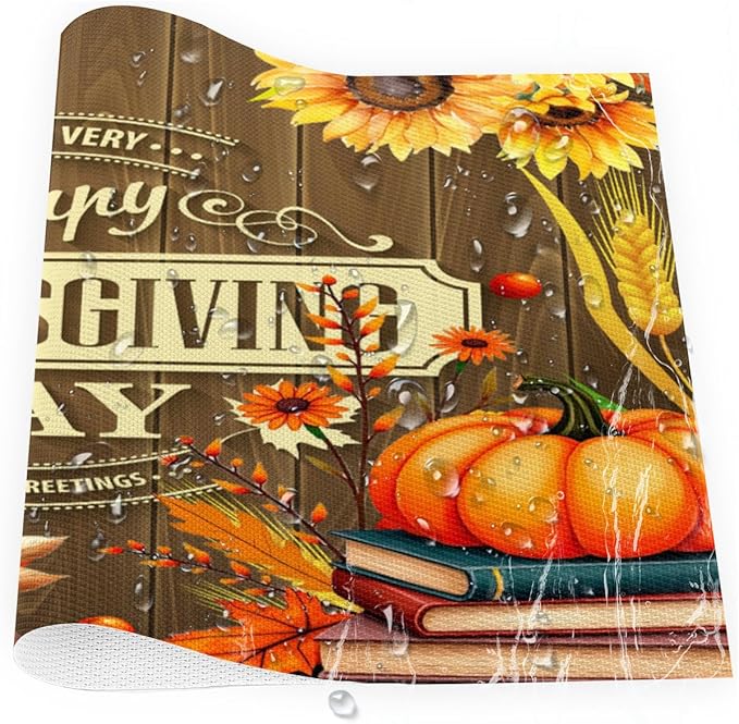 Thanksgiving Holiday Pumpkins Fall Placemats Set of 4 PVC Vinyl Non Slip Table Mats Heat Resistant Place Mats Washable Wipeable Dining Table Mat for Kitchen Decor Party Indoor Outdoor Decorative Gift
