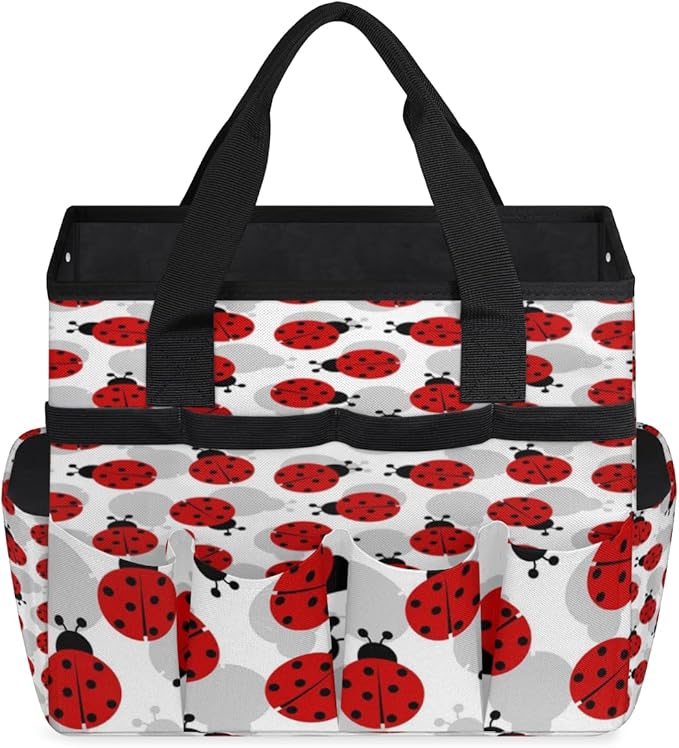 Ladybugs Pattern Garden Tool Tote Bag for Women Men Gardening Tool Storage Bags with 10 Pockets Standable Garden Home Tool Kits Organizer for Indoor Outdoor Gardening Gifts
