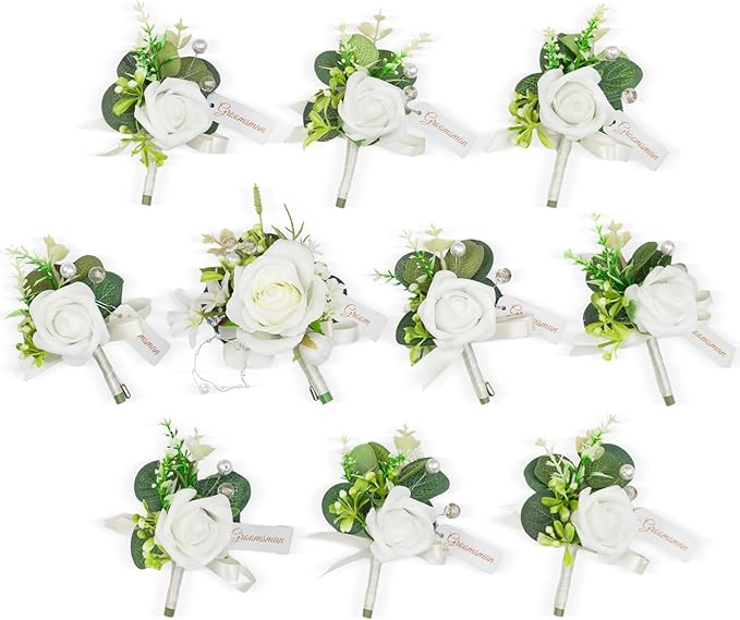 TINGE TIME Boutonniere for Men Wedding,Groom and Best Man Boutonniere for Weddings Ceremony Anniversary, Formal Dinner Party and Rustic Spring Wedding Marriage (10, IvoryWhiteRose)