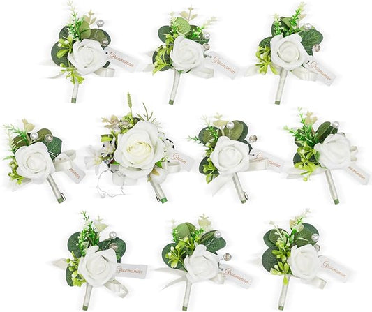 TINGE TIME Boutonniere for Men Wedding,Groom and Best Man Boutonniere for Weddings Ceremony Anniversary, Formal Dinner Party and Rustic Spring Wedding Marriage (10, IvoryWhiteRose)
