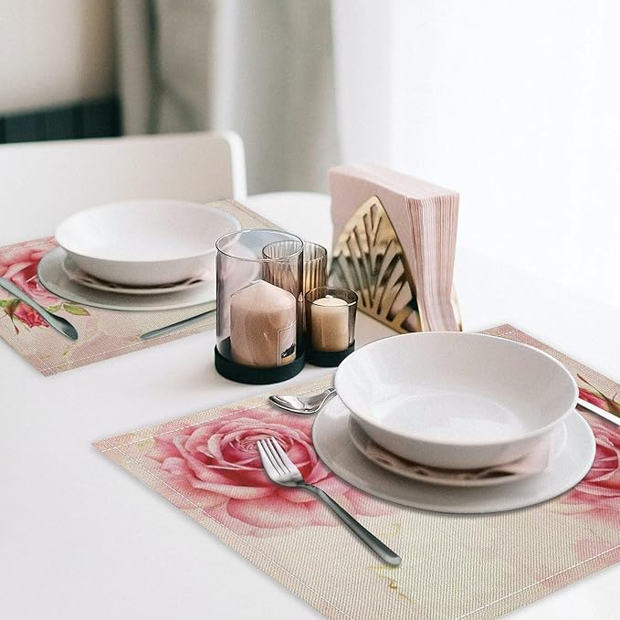 Pink Flower Placemats Set of 4, 17x12 Inch Romantic Watercolor Floral Rose Print Table Mats for Home Party Kitchen Dining Decor