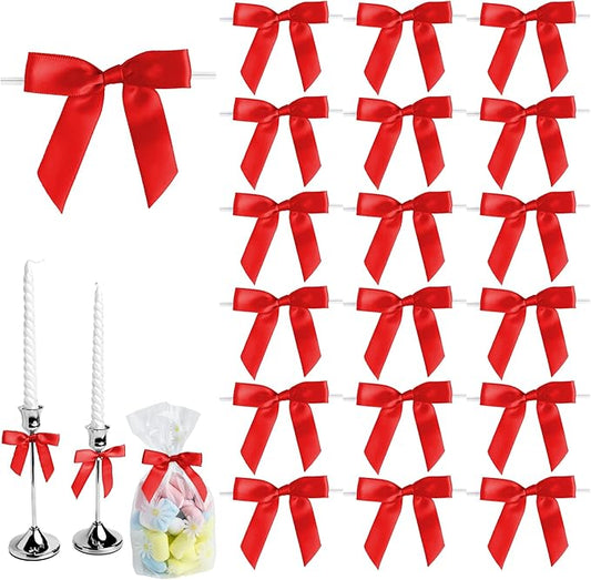 50 PCS Red Twist Tie Bows 2.5" Satin Ribbon Bows Decor for Gift Wrapping Craft Treat Bags Cake Pop Basket, Wedding Baby Shower Birthday Party Favors