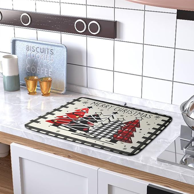 Merry Christmas Dish Drying Mats for Kitchen Counter 16x18 Buffalo Plaid Christmas Tree Microfiber Absorbent Drying Mat Seasonal Winter Holiday Drying Pad Dish Drainer Mat for Coffee Bar Sinks