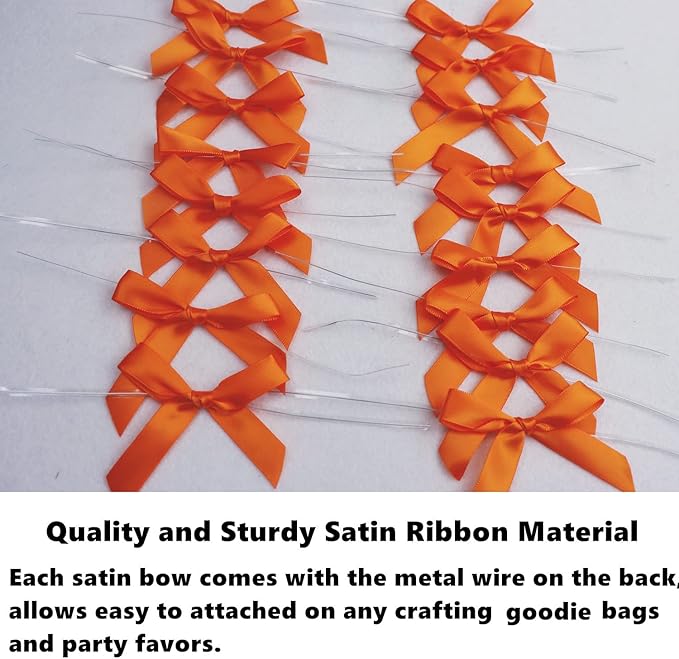 100 Pack Orange Satin Pretied Bows, 3" Satin Ribbon Twist Tie Bows for Gift Bags, Crafts, Weddings & Holidays