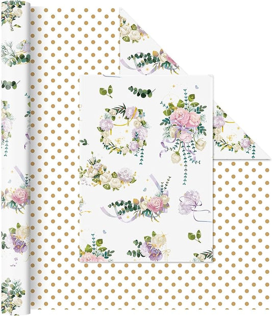 WERNNSAI Floral Wrapping Paper Roll - 1 Roll 17” x 33 ft Wedding Wrapping Paper White Flower Gift Wrap for Girl Women Birthday Wedding Bridal Shower Engagement Mother's Day Favors Reversible Polka Dot