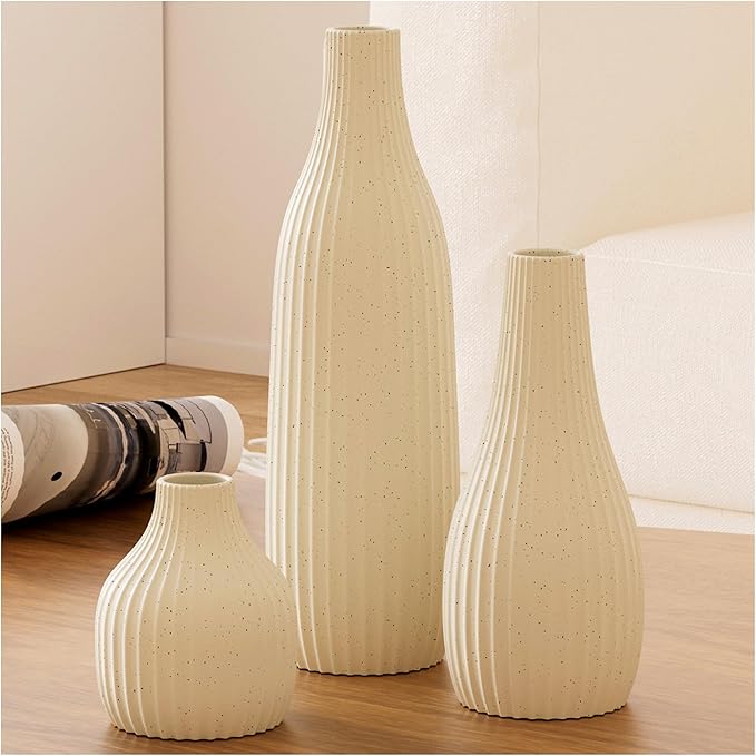 Decorative Flower Vase Set of 3 - Modern Boho Style Beige Vases,Ribbed Textures Ceramic Vase for Home Decor Shelf Bookshelf Mantle TV Stand Entryway Console,Dining Table Centerpiece Decor