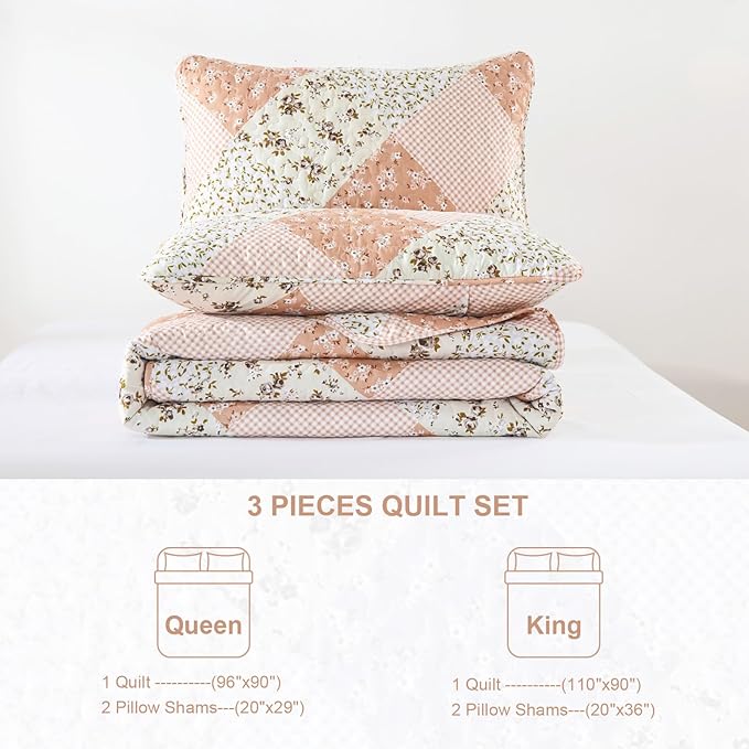 Dinjoy Floral Plaid Patchwork Quilt Set King Size, Reversible Pink Bedding Set Soft Microfiber Lightweight Bedspread Coverlet 3 Piece Fall Autumn Summer Use (110x90 inches)