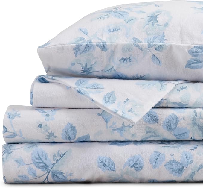 Market & Place 100% Cotton King Flannel Sheet Set | 4 Piece Deep Pocket Cozy Winter Floral Bed Sheets | Double Brushed for Extra Softness & Comfort | Alpine Collection (King, Vintage Floral)