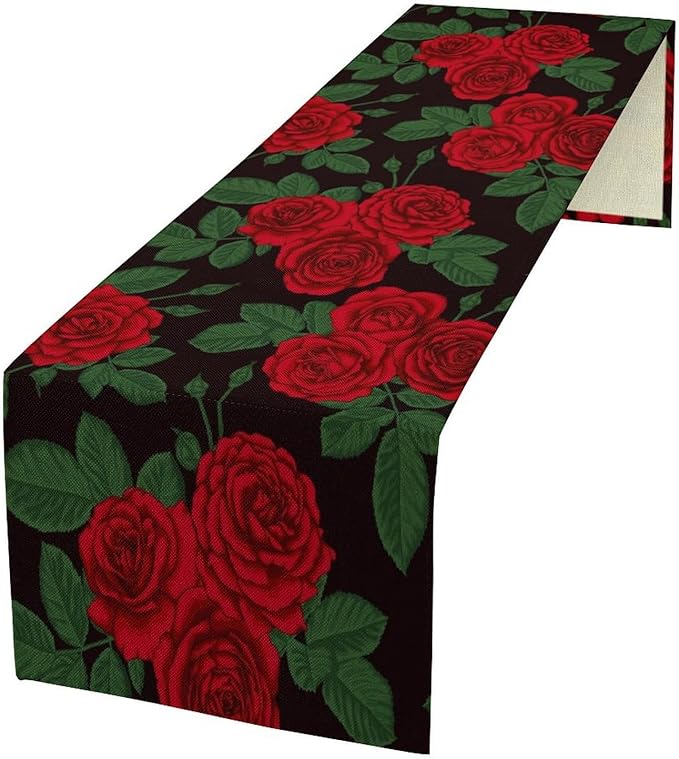 Red Rose Print Table Runner, Romantic Valentines Rose Summer Seasonal Dinner Runner Table Decoration for Home Kitchen Dining Holiday Wedding Party 13x70in