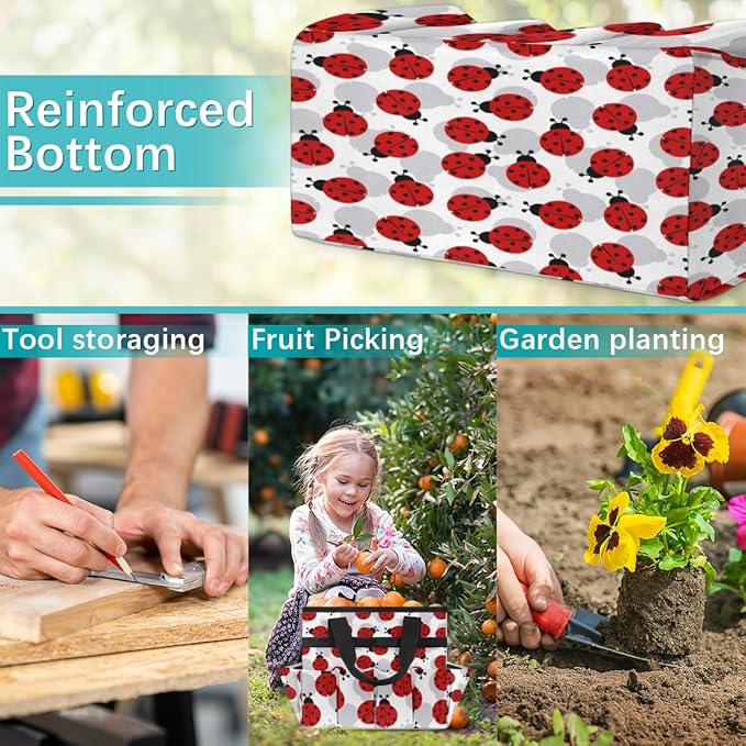 Ladybug Garden Tool Tote Bag for Women Men Gardening Tool Storage Bags with 10 Pockets Standable Garden Home Tool Kits Organizer for Indoor Outdoor Gardening Gifts