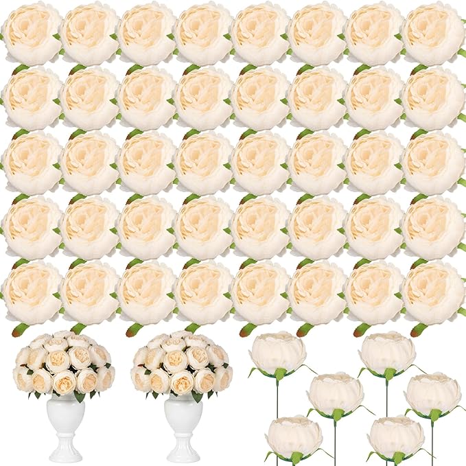 50 Pcs Artificial Peony Flower Bulk 3.5 Inch Silk Peony Flowers Heads with Stems Realistic Fake Roses for DIY Wedding Party Craft Bridal Bouquets Table Centerpieces Vase Home Decor(Cream‌)